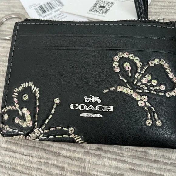 Coach Black Leather Card Case Keyring with Sequin Butterfly Accent - Picture 4 of 8